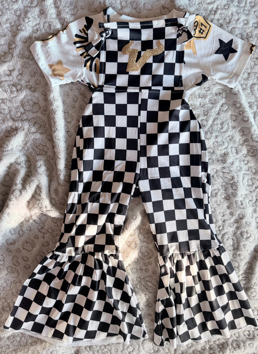 Tie Checker Overalls w/ gold V